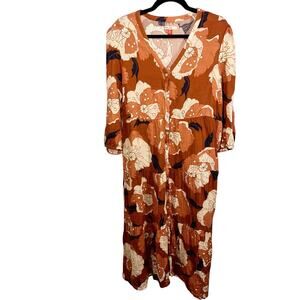 Marine Layer, Size Large, Earth Tone Floral Maxi Dress, Brown, Red, Cotton Gauze